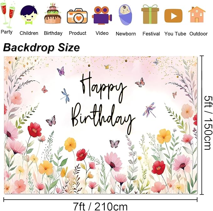 7x5ft Pink Floral Decoration Backdrop for Women Girl Birthday Party Spring Flower Bush Garden Theme Background Happy Birthday Photography Supplies Greenery Wildflower Banner
