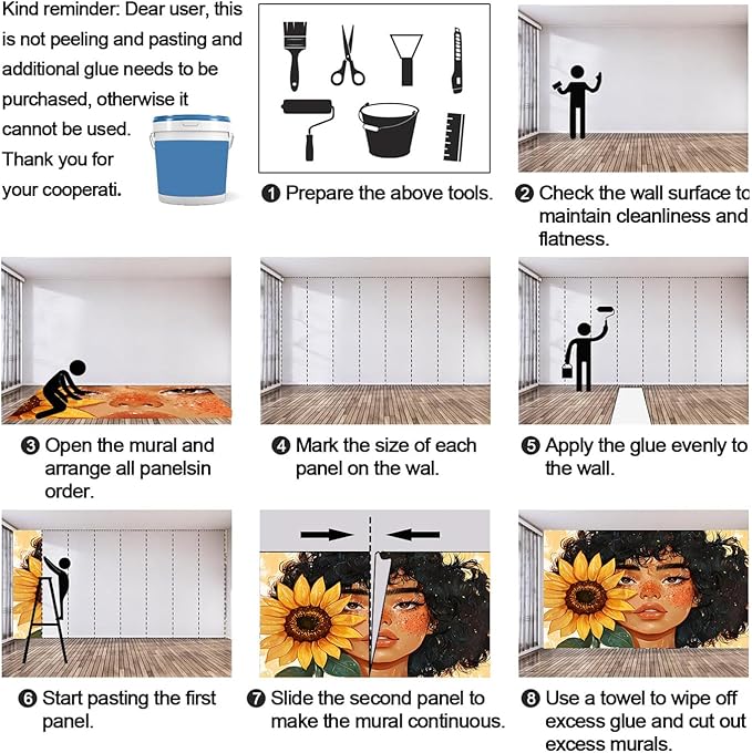 KIREUPA Sunflower Woman Art Wall Mural, Curly Hair Girl with Sunflower 3d Wall Murals, Modern Portrait and Flower Wallpaper Mural, for Living Room Bedroom Large Wallpaper Indoor Decor 137.8" W x100 H