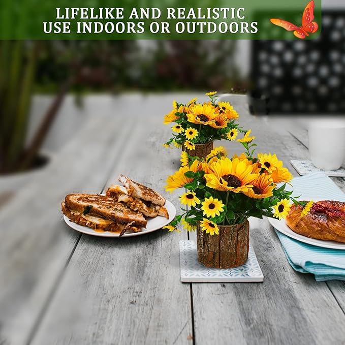 Artificial Flowers Fake Silk Sunflower Flower in Planters Flower Vase Small Rustic Potted Flower Arrangements Artificial for Home Outdoors Tabletop Decor Set of 2 (Yellow)