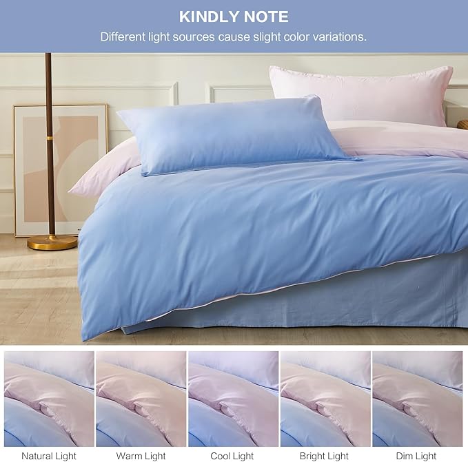 SAPHREAS Queen Size Duvet Cover Blue Pink Gradient Bedding Set with 8 Corner Ties and 2 Pillow Sham Microfiber Reversible Duvet Cover Set with Zipper Closure