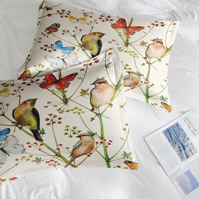 Comforter Set Twin Size, Vintage Birds Butterfly Colorful 5 Pcs Bedding for Kids and Adults, Floral Beige Spring Bed Sheet Sets with Fitted Sheet Pillowcase & Sham for Bedroom Bed Decor