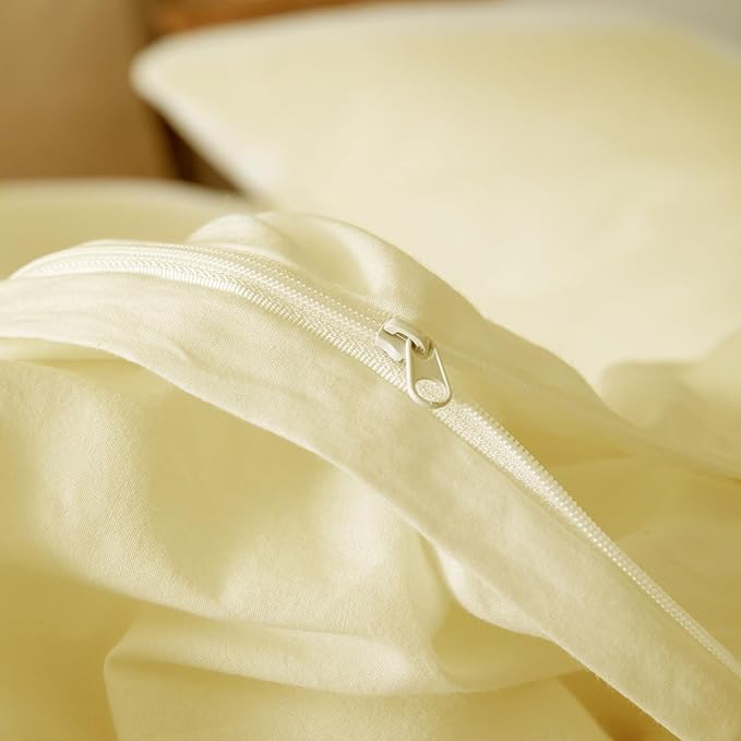 JIYUAN 100% Washed Cotton Duvet Cover Set 3 Pieces King, 1 Duvet Cover 104x90 Inches(Comforter Not Included) and 2 Pillowcases,Linen Feel Bedding Set Comfy and Breathable,Light Yellow