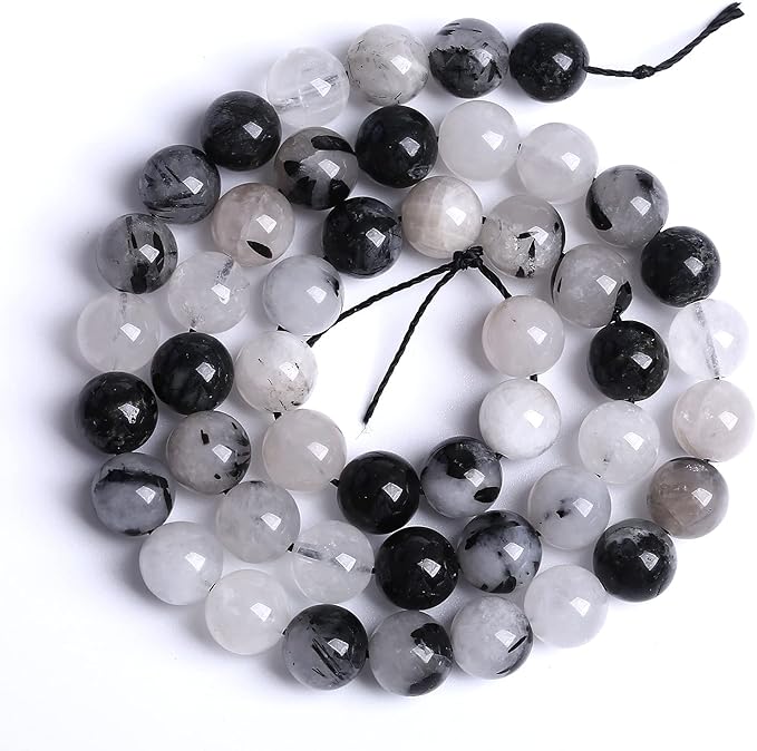 10MM 36PCS Natural Crystal Stone Black Rutile Quartz Gemstone 2A Grade Loose Beads for Jewelry Making DIY Bracelet Necklace Semi Precious Beads 1 Strand