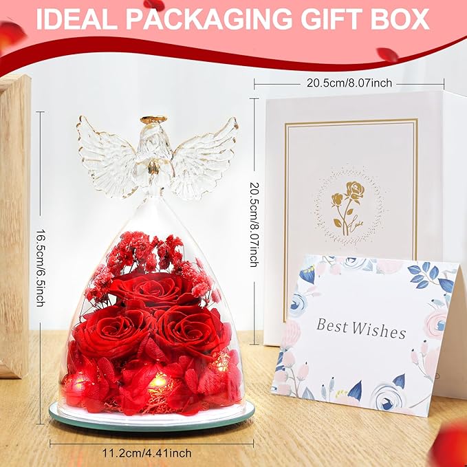 FIACO Preserved Flower Rose for Women, Forever Eternal Fresh Flowers in Glass Angel Figurines Flowers for Delivery Prime Red Roses for Grandma Mom Sister Her Wife on Mothers Day Birthday
