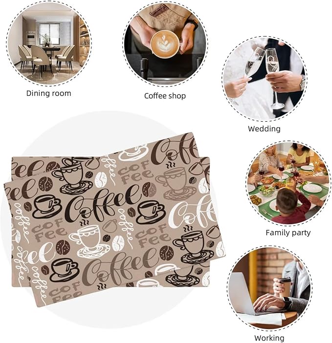 Coffee Theme Linen Placemats Set of 4 Vintage Brown Coffee Cup Table Mats Heat Resistant Place Mats for Home Party Kitchen Dining Decoration 12x18 Inch