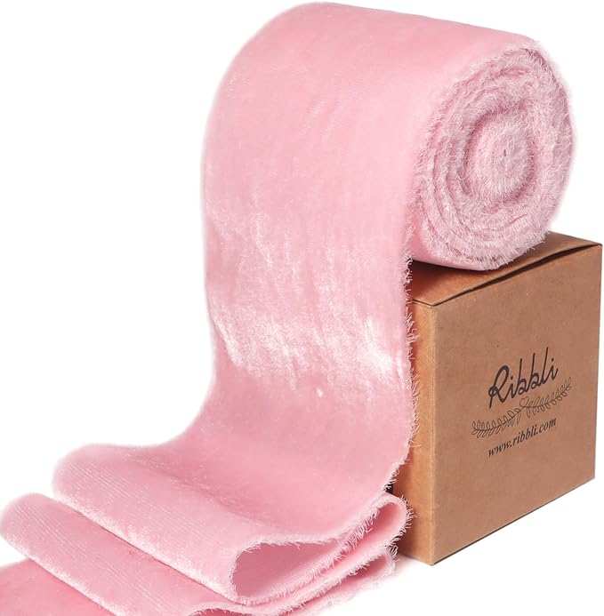 Ribbli Pink Velvet Ribbon 3 Inch Handmade Frayed Vintage Christmas Ribbon for Gift Wrapping Christmas Tree Ornament Wreath Craft Home Decor -3 Yards