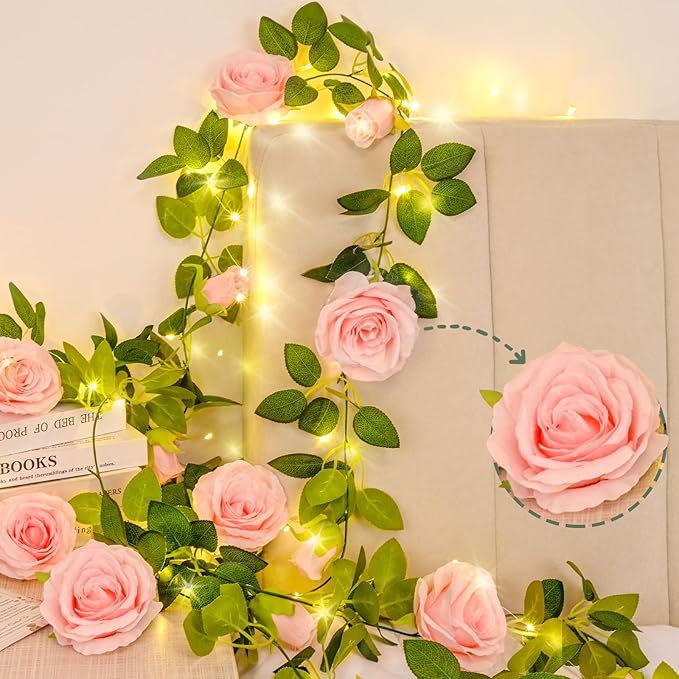 4 Pcs Flower Garland with 39.2 Ft Lights, 26.4 Ft Pink Floral Garland Fake Flowers for Wedding Arch Party Wall Garden Room Decor