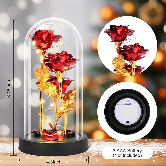 Mothers Day Glass Rose Gifts for Mom Women, Rose Flower Christmas Birthday Gifts for Women Mom Wife Girlfriend, Light Up Rose in A Glass Dome, Rose Gifts for Valentines, Mothers Day, Womens Day (Red)