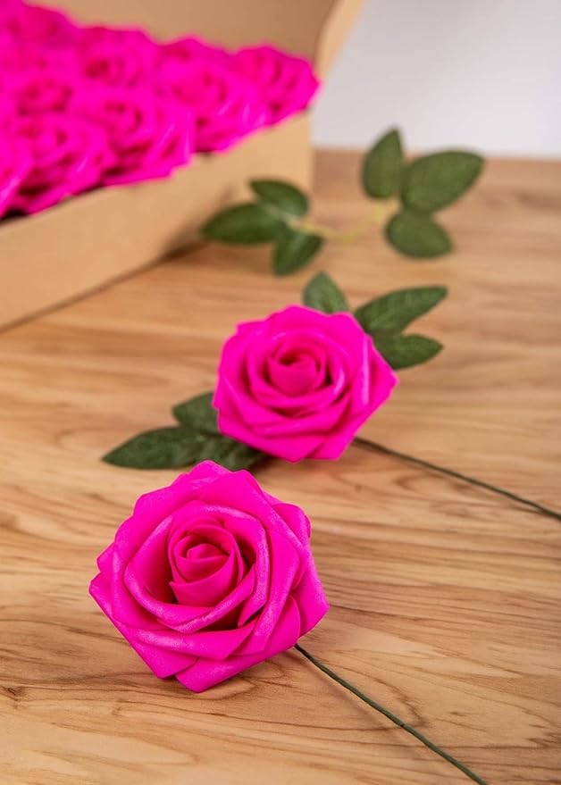 Artificial Flower Foam Hot Pink Rose 50pcs Real Looking Fake Rose with Stems Leaves for Home Decoration Party Garden Centerpieces DIY Wedding Bouquets(Hot Pink)