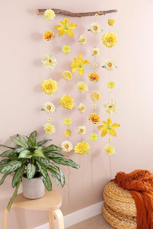 rongflower Fake Flower Heads for Crafts - Yellow Silk Artificial Roses, Peonies, Daisies & Mini Floral Heads Bulk (48-Pack) for Wedding Decor, Graduation Cap, Cake Topper, Baby Shower, Home Decoration