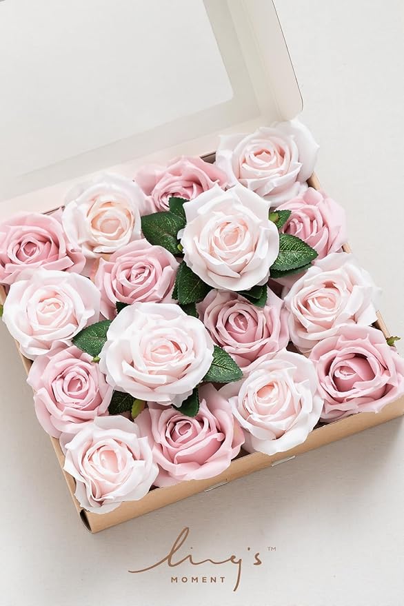 Ling's Moment Artificial Flowers 16pcs Blush Pink Silk Roses with Stems Real Look, 3.5" Fake Ombre Slate Pink Vendela Roses Bulk for DIY Wedding Bouquets Centerpieces Party Baby Shower Home Decoration