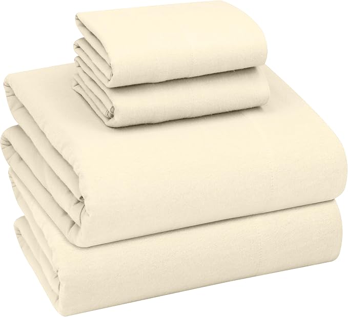 RUVANTI Flannel Sheets Queen Size - GOTS Certified 100% Organic Cotton, 4 Piece Warm, Soft & Breathable Set, Deep Pocket Snug Fit, Double Brushed Cozy All Season Bedding, Winter White