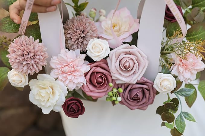Artificial Flowers Combo Box Set Gradient Color Flower Leaf with Stems for DIY Wedding Bouquets Centerpieces Baby Shower Party Home Decorations(Pink Purple)