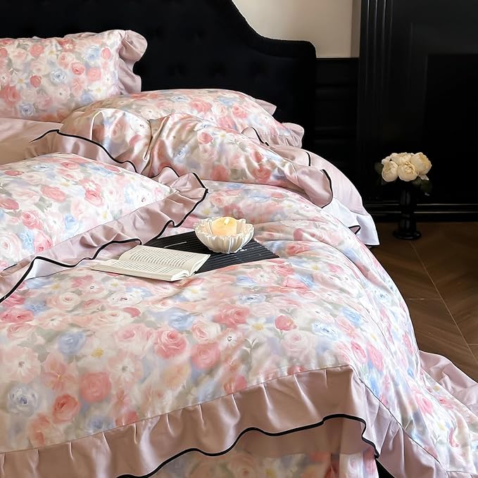 HighBuy Girl French Ruffle Duvet Cover Full Size,Coquette Ruffle Bedding Brushed Cotton Pink Rose Floral Comforter Cover Set for College,Farmhouse Chic Bedding Set Breathable