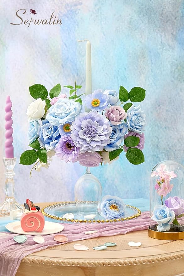 Serwalin Artificial Blue & Purple Flowers, Silk Fake Flowers for DIY Wedding Bouquets Cake Flowers, Table Centerpieces Baby Shower Birthday Party Home Decorations