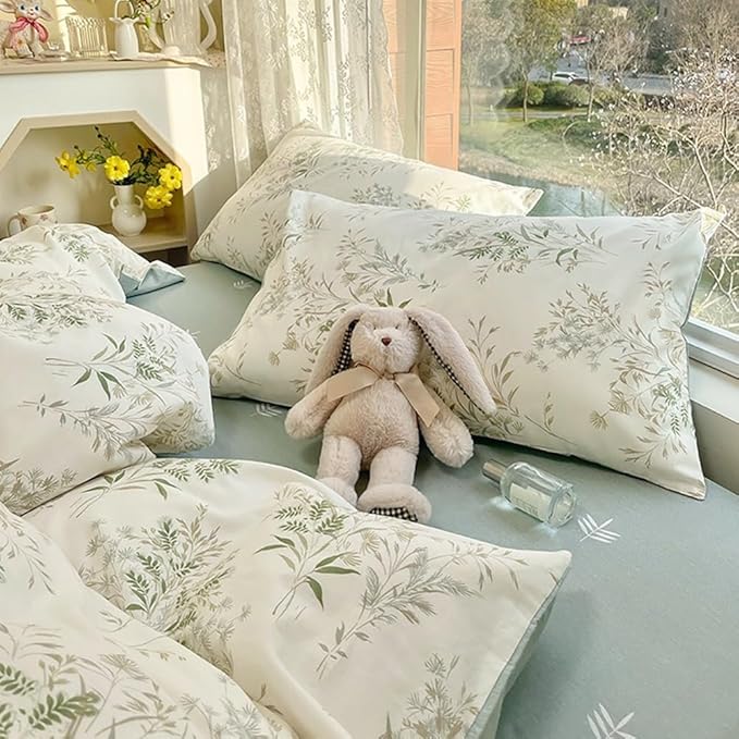 Garden Style Floral Duvet Cover Twin 3 Pieces Vintage Cottagecore Bedding Set 100% Cotton Botanical Floral Comforter Cover for Girls Women Chic Flower Leaves Plants Pattern Farmhouse Bedding Set