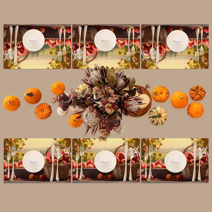 Fall Fruit Apple Placemats Set of 6 PVC Vinyl Non Slip Table Mats Waterproof Heat Resistant Place Mats Washable Wipeable Dining Table Mat for Kitchen Party Farmhouse Indoor Outdoor Decorative