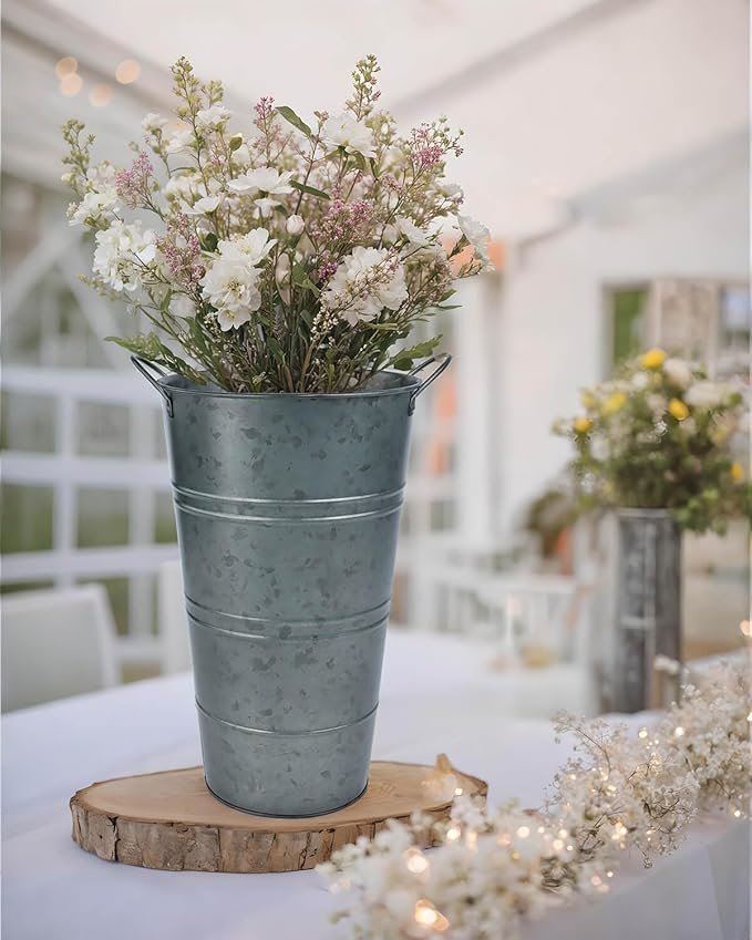 12 Inch Galvanized Metal Vases for Flowers - 6 Pcs Farmhouse Decorative Tall Flower Bucket with Handles, Rustic French Tin Planter Buckets for Wedding Decor (Galvanized Black)