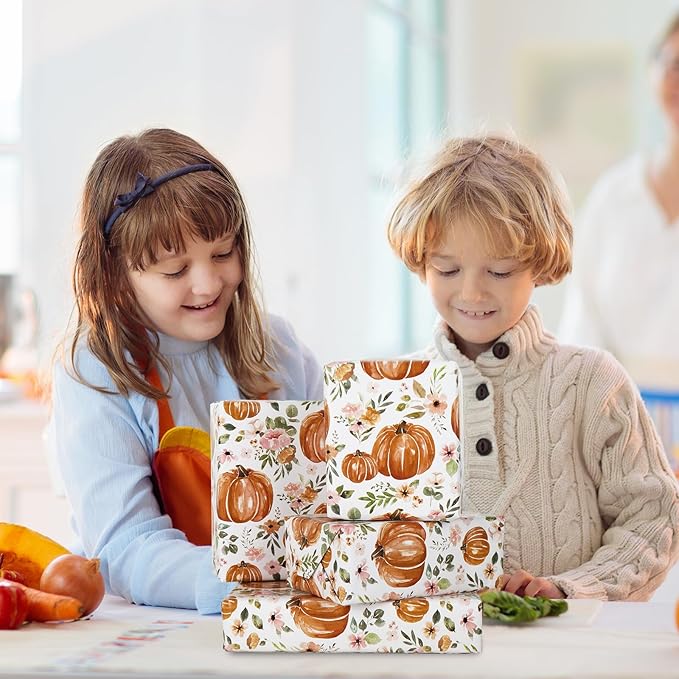 JarThenaAMCS Fall Wrapping Paper Roll 17 In x 32.8Ft Floral Pumpkin Gift Wrap Paper Watercolor Autumn Flower Decorative Art Paper for Thanksgiving Harvest