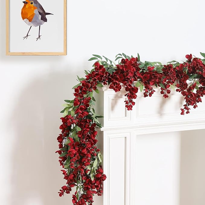 Duovlo 4Pcs 6.6Ft/Piece Imitation Silk Wisteria Garland Hanging Flower Vine for Home Outdoor Garden Ceremony Wedding Arch Floral Decor (Red)