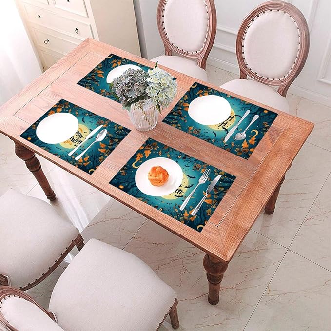PVC Placemats Set of 6 Wipeable Table Mats Washable Heat Resistant Non Slip Vinyl Dining Table Mat for Kitchen Indoor Outdoor Patio Farmhouse Place Mats Halloween Bat Maple Decorative