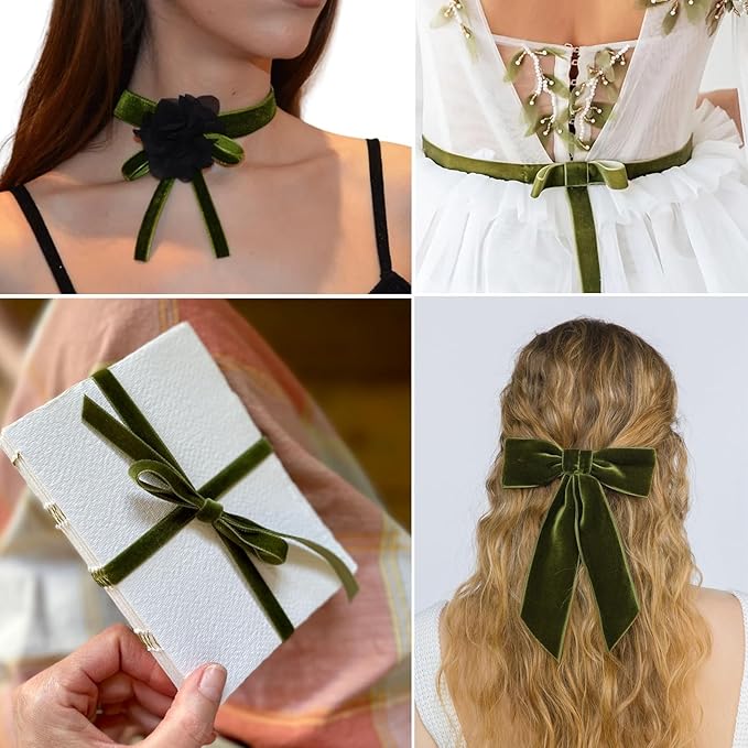 Olive Green Velvet Ribbon 5/8 Inches x 5 Yards for Gift Wrapping, Crafts, Christmas Tree, Wreath, Bow Making, Vintage Fabric on The Spool for DIY