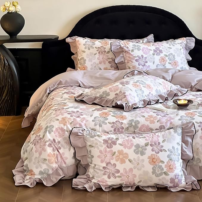 HighBuy Floral Ruffle Duvet Cover Twin Size,Brushed Cotton Soft Coquette Ruffle Flower Bedding Duvet Cover Set,Blush Floral Shabby Chic Farmhouse Duvet Cover and Pillow Shams,Purple - Twin