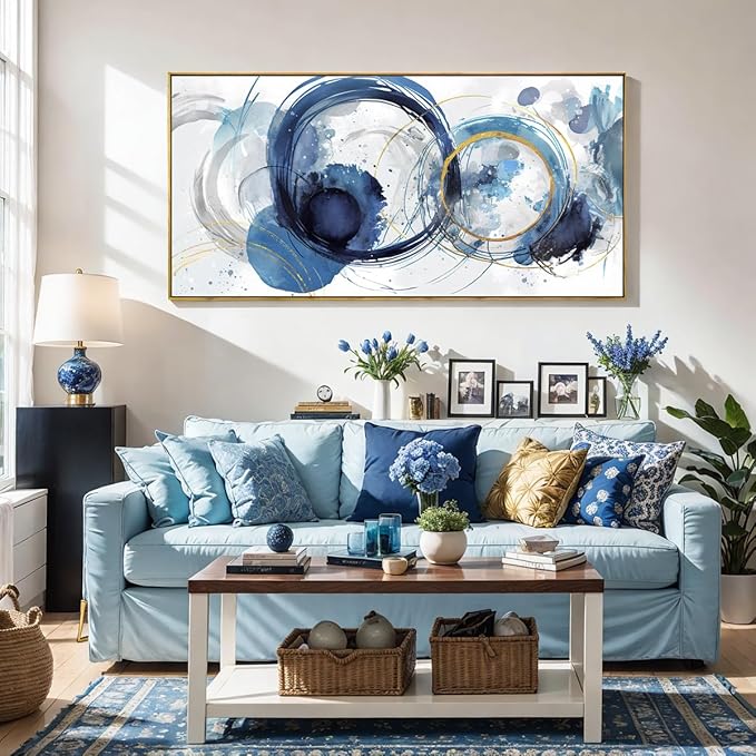 Wall Art Abstract Art Paintings Blue Fantasy Colorful Graffiti on White Background Modern Artwork wall Decor for Living Room Bedroom Kitchen 24"x48" with Framed