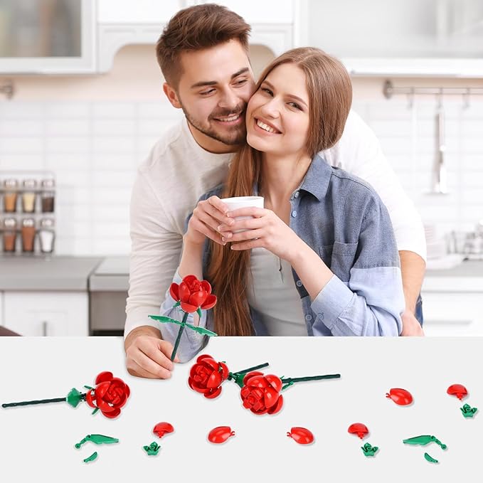 780 PCS Red Rose Building Flower Bouquet Kit for Adults & Kids, DIY Artificial Flowers Set for Home Decor, Desk Display, Gifts for Women, Girls (Rose)
