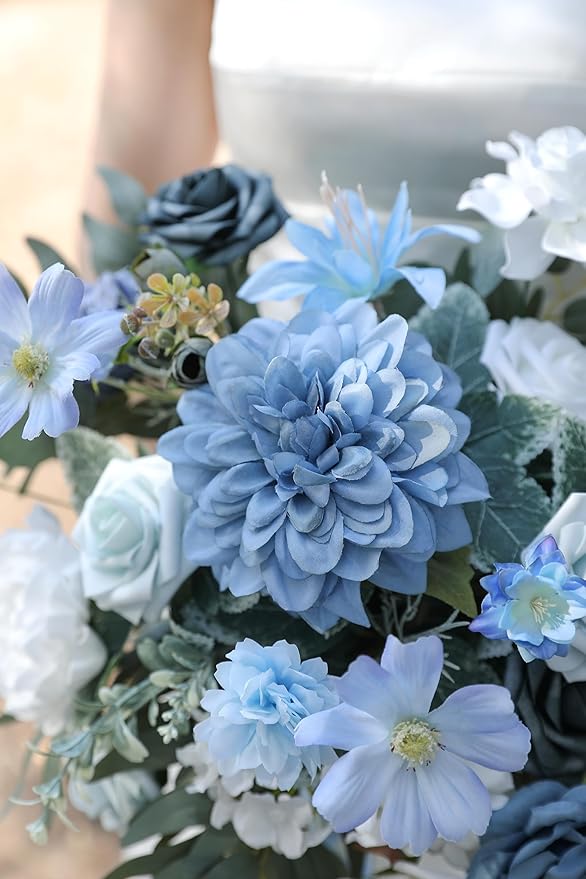 Blue Artificial Flowers Combo Set Fake Flower Leaf Box with Stemst for DIY Wedding Bridal Bouquet, Centerpieces, Home Decor, Floral Arrangement Decor(Blue)