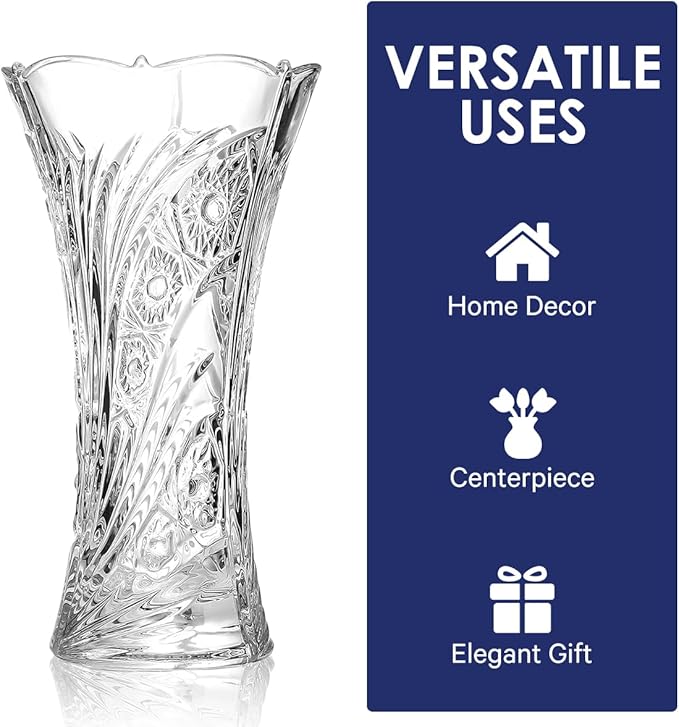 CS Crystal Vase 12-inch high, Sunflower Design, for Flowers & Decor. Lovely Nice Shiny Piece. Perfect as a Gift, Suitable for All Occasions.