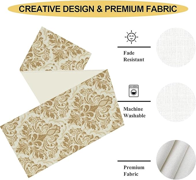 Golden Damask Table Runner, Luxury Antique White Gold Bohemian Exotic Flower Cafe Table Center Decor for Home Kitchen Dining Patio Holiday Party Indoor Outdoor Table Decorations 13x36 inch