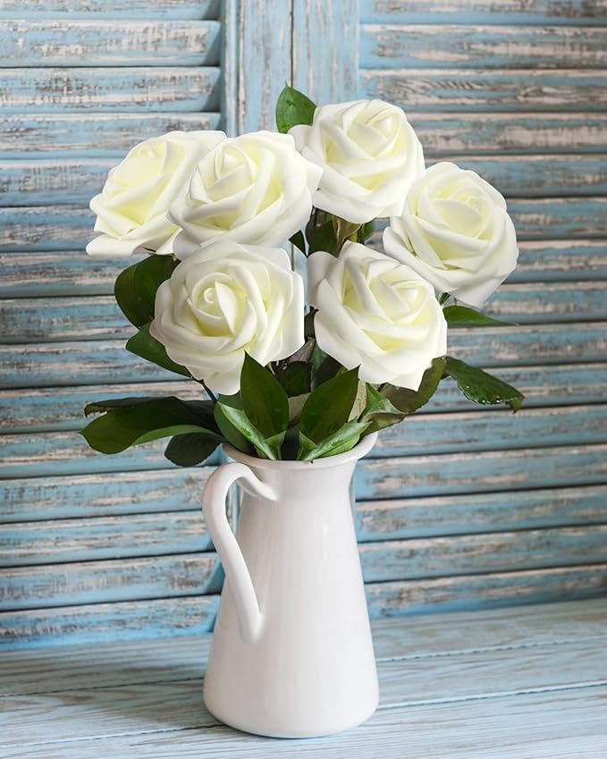 JOYLEX Artificial Flowers Realistic Roses, 25pcs Real Looking Fake Roses with Stem for DIY Wedding Bouquets Centerpieces Bridal Shower Party Home Romantic Decorations (25pcs, Milk White)