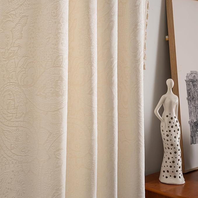 ENJOYBRIDAL Paisley 63 Inch Curtains for Bedroom Living Room Drapes Jacquard Semi Sheer Off White Short Window Curtain Panels Rod Pocket 2 Panels Set Boho Farmhouse Floral Cream Window Treatments