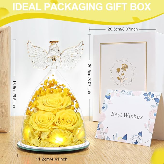 Preserved Flower Rose Gifts for Women, Forever Eternal Fresh Flowers in Glass Angel Figurines Flowers for Delivery Prime for Grandma Mom Sister Her Wife on Mothers Day Birthday Christmas
