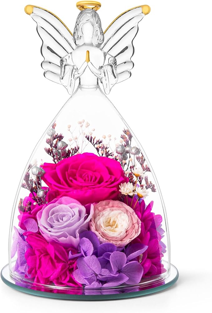RoseValley Angel Roses Gifts for Mom,Preserved Real Flowers Roses in Glass Angel Figurines,Christmas Birthday Gifts for Grandma Women Mom Wife Mother in Law/Rose