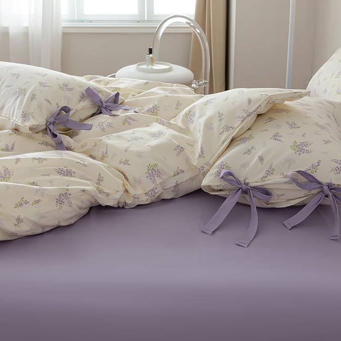 VM VOUGEMARKET King Duvet Cover Set,3 Pieces Purple Floral Duvet Cover with 2 Bow Ties Pillowcases 100% Cotton Lavender Flower Bedding Set-King,104x90 Inch