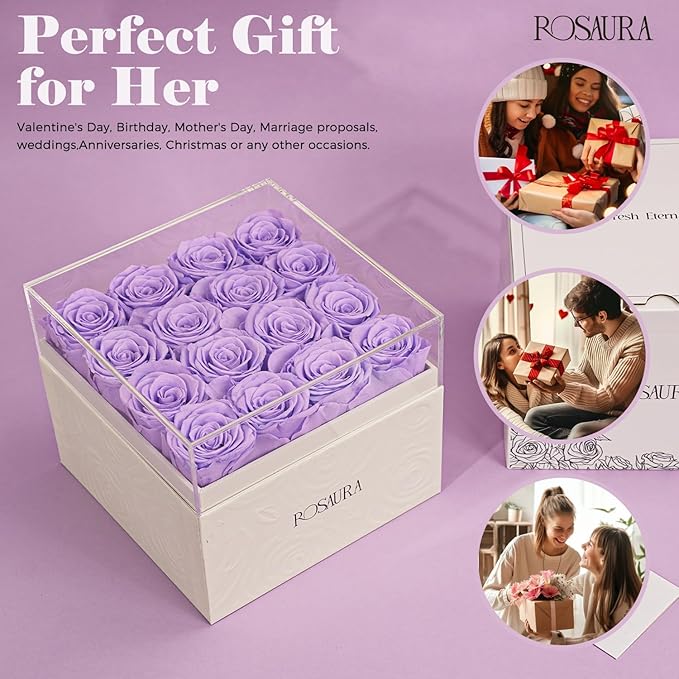 Rosaura Square Preserved Roses Gift Box - Real Forever Flowers in Clear Acrylic Lid, Valentine's for Women (Light Purple, 16 Roses)