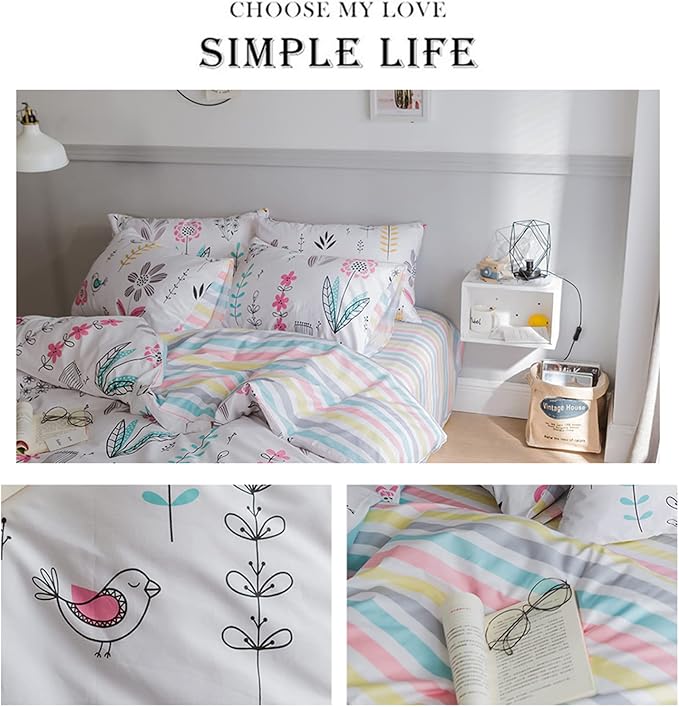 HighBuy Floral Printed Bedding Set Queen Duvet Cover Girls Cotton Comforter Cover Garden Aesthetic Reversible Striped Bedding Sets 3 Piece Queen Bed Boho Comforter Cover Duvet Cover Set