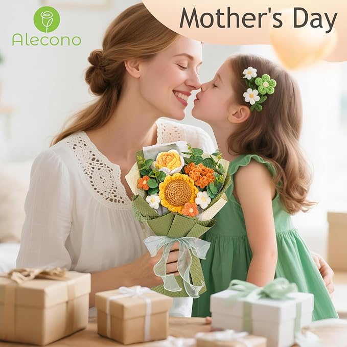 Alecono Crochet Flower Bouquet, Knitted Sunflower Flowers, Green Handmade Bouquet of Flowers for Lover Anniversary Birthday Party Mother's Day Graduation Gifts (Include Card)