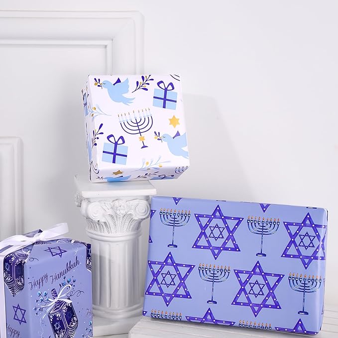WRAPAHOLIC Hanukkah Wrapping Paper Roll - Mini Roll - 3 Rolls - 17 Inch x 120 Inch Per Roll - Menorah Lights, the Star of David and Dreidels Design