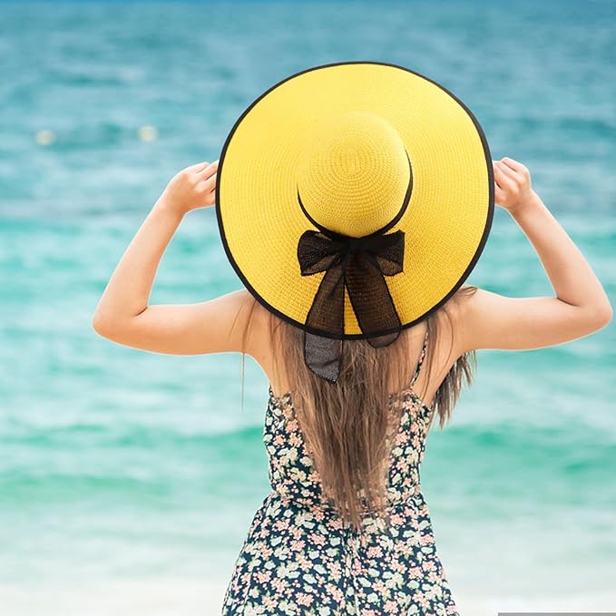 DRESHOW Beach Hats for Women Big Straw Wide Brim Summer Hat Floppy Foldable Roll up Cap Sun Hat UPF 50+