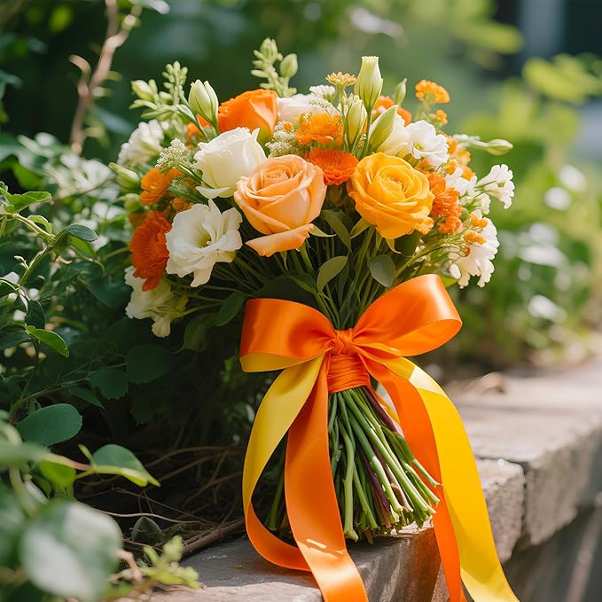 Ribbon 1 Inch, Orange & Yellow Two-Tone Double Faced Satin Ribbon for Gift Wrapping, Flower Bouquet, Bow, Hair, Wedding, DIY Crafts, Holiday Party Decorations, 30 Yards Total
