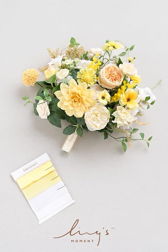 Ling's moment Yellow Bridal Bouquet for Bride, Yellow Wedding Bouquets for Bride, 15 Inch Summer Bridal Bouquets Artificial Wedding Flower Bouquet