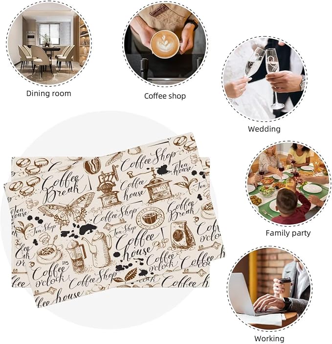 Coffee Theme Linen Placemats Set of 4 Vintage Coffee Cup Table Mats Heat Resistant Place Mats for Home Party Kitchen Dining Decoration 12x18 Inch