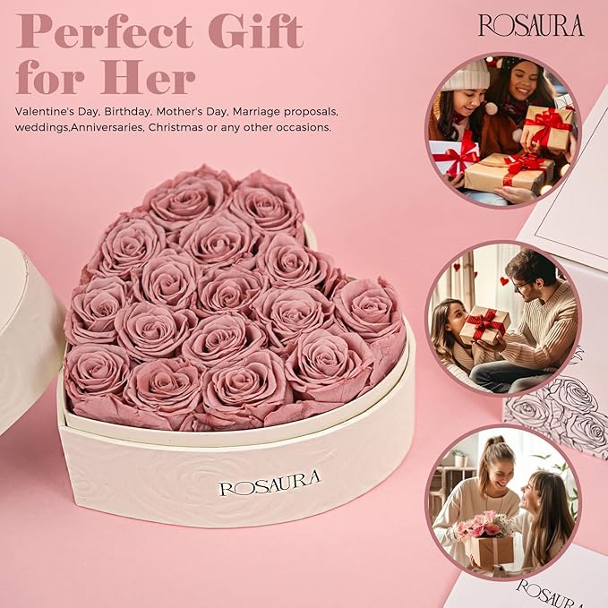 Rosaura Heart-Shaped Preserved Roses Gift Box - Real Forever Flowers for Birthday, Valentine's & Mother's Day (Cappuccino, 16 roses)