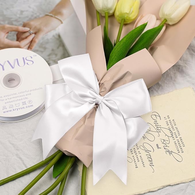White Satin Ribbon, Double Faced 2 Inch X 25 Yards White Ribbon, Premium Satin Ribbon for Gift Wrapping, Crafts, Hair Bow Making, Sewing, Flower Bouquet, Wedding Party Decor