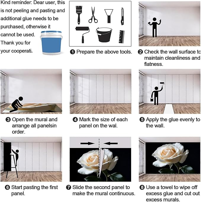 White Rose Wall Mural, Romantic White Rose 3D Wall Murals, Simple Elegant Flowers Wallpaper Mural, for Living Room Bedroom Large Wallpaper Indoor Decor 59" W x39.4 H