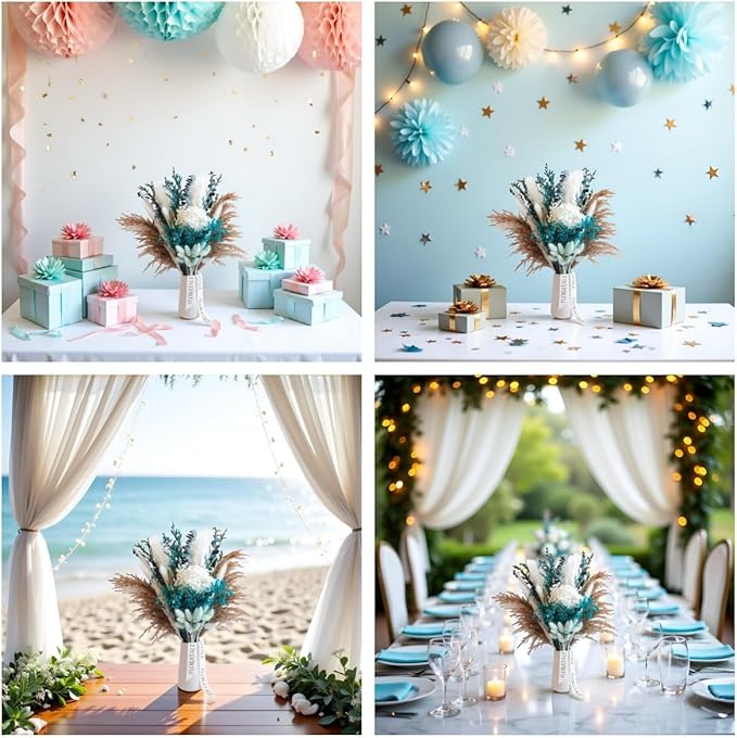 Coastal Blue Dried Flower Bouquet (No Vase) | 17'' Mini Floral Arrangement with Pampas, Hydrangea, Baby's Breath & More Natural Dried Flowers β Home Wedding Decor Centerpiece