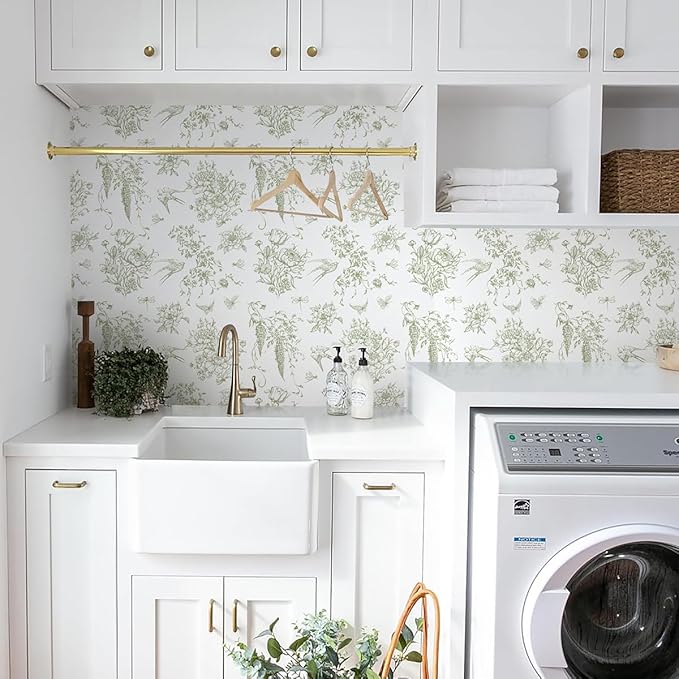 Floral Birds Wallpaper Peel and Stick Green and White Contact Paper 16.9”x 118.1”Vintage Floral Self Adhesive Removable Wallpaper Green Flower Contact Paper for Bathroom Kitchen Decor